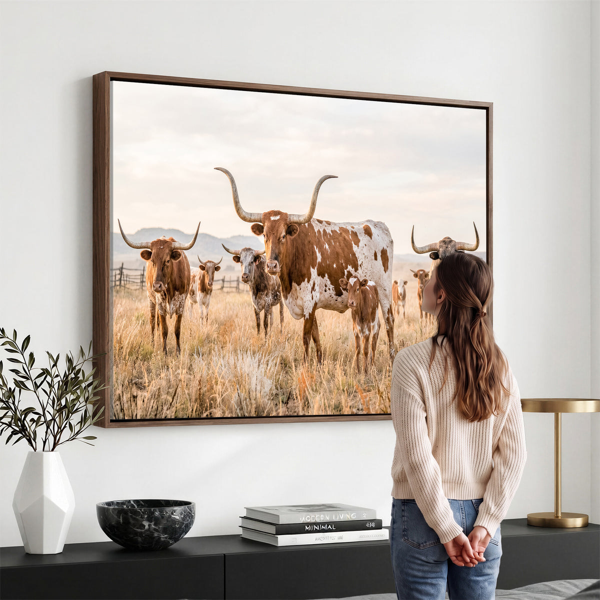 62336425AC-MGV-CV-36X24 - Texas Longhorn Canvas Wall Art, Rustic Farm Animal Photography Print, Farmhouse Country Decor, Western Ranch Art