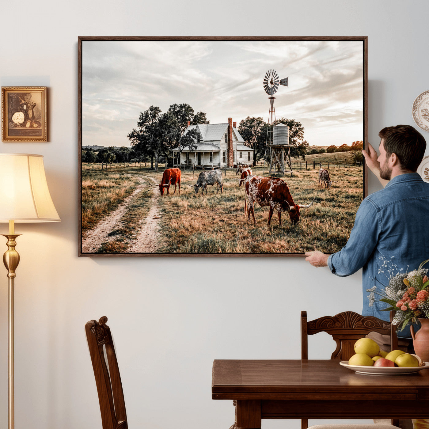 92429425-MGV-CV-36X24 - Texas Longhorn Ranch Wall Art Canvas Print, Rustic Western Farmhouse Decor, Country Landscape Canvas Wall Art, Vintage Cowboy Ranch Picture