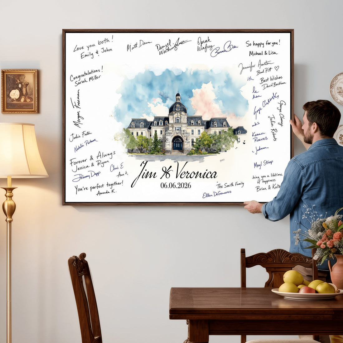 Chateau Wedding Signature Canvas, Personalized Venue Guest Book Art