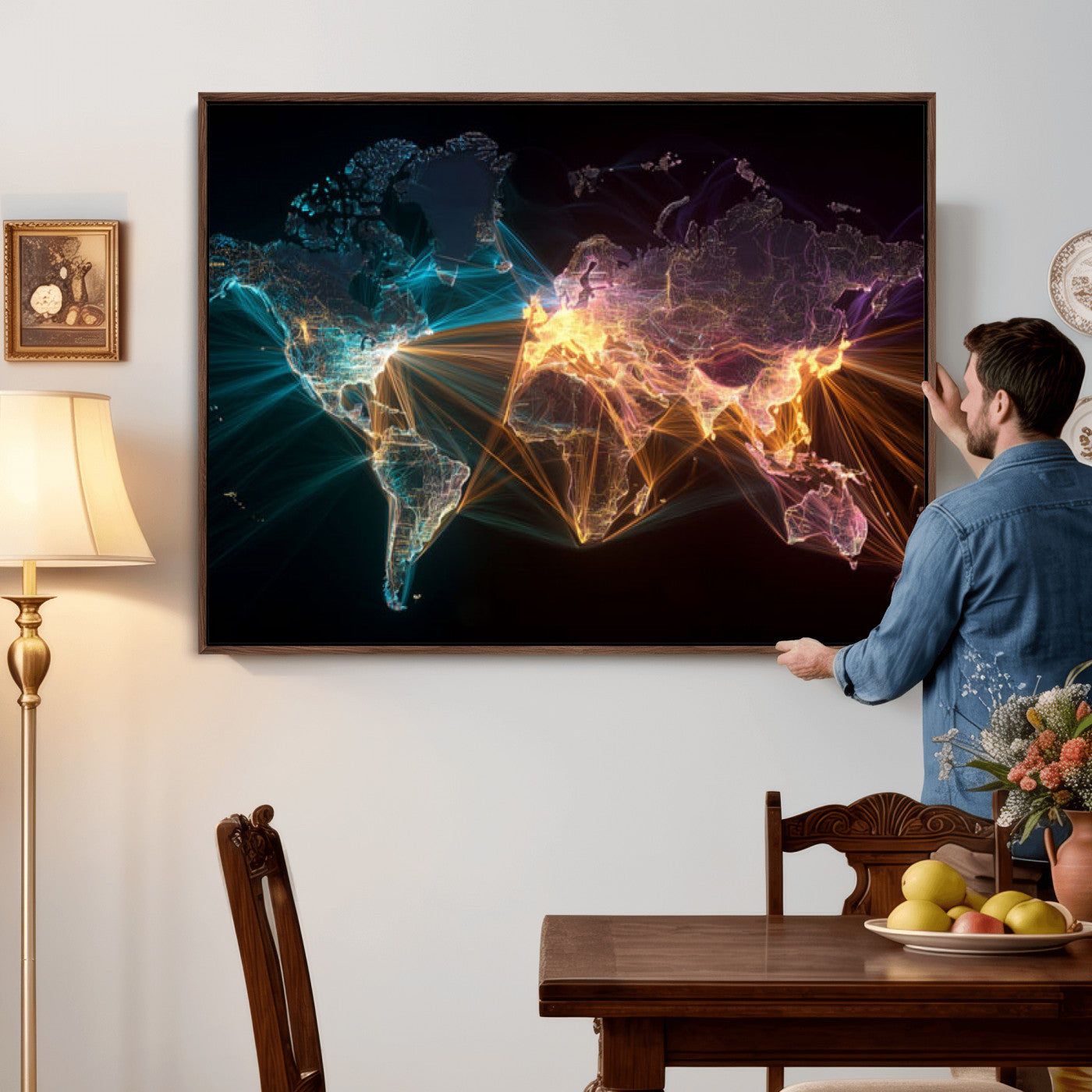 14891737-MGV-CV-36X24 - World Map and Global Flight Routes Map Canvas Wall Art, Worldwide Aviation Network Print, International Air Travel Wall Decor