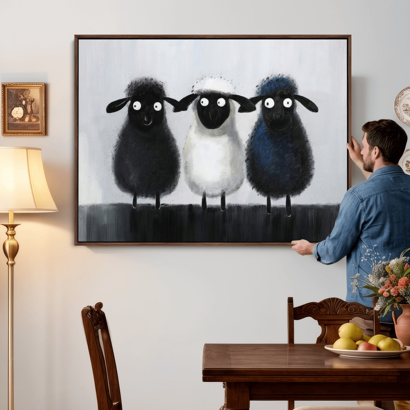 45650028-MGV-CV-36X24 - Funny Sheep Canvas Wall Art, Three Quirky Sheep Painting Print, Cute Animal Nursery Decor, Black White Navy Farmhouse Art, Kids Room Gift