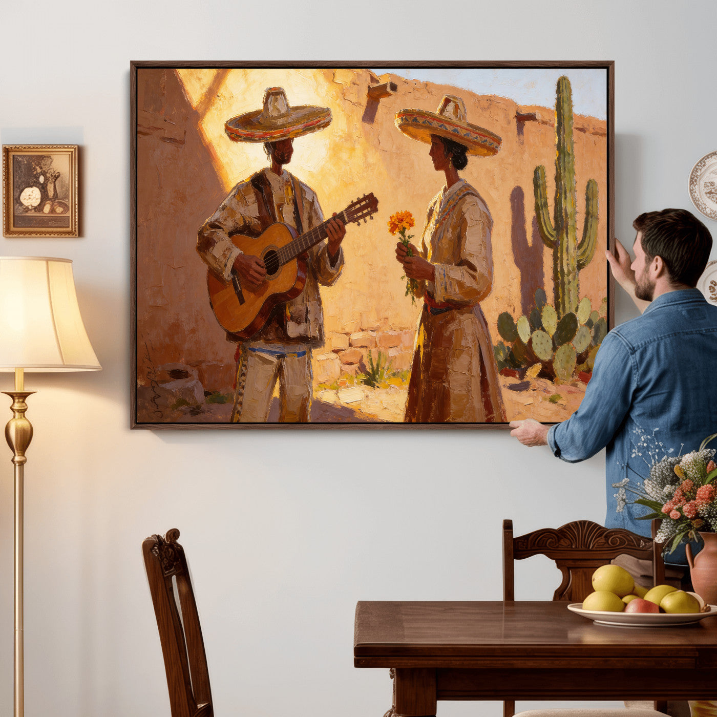 41849005-MGV-CV-36X24 - Mexican Couple Canvas Wall Art, Romantic Serenade Guitar Painting Print, Southwestern Desert Adobe Decor, Warm Golden Folk Art, Living Room Art