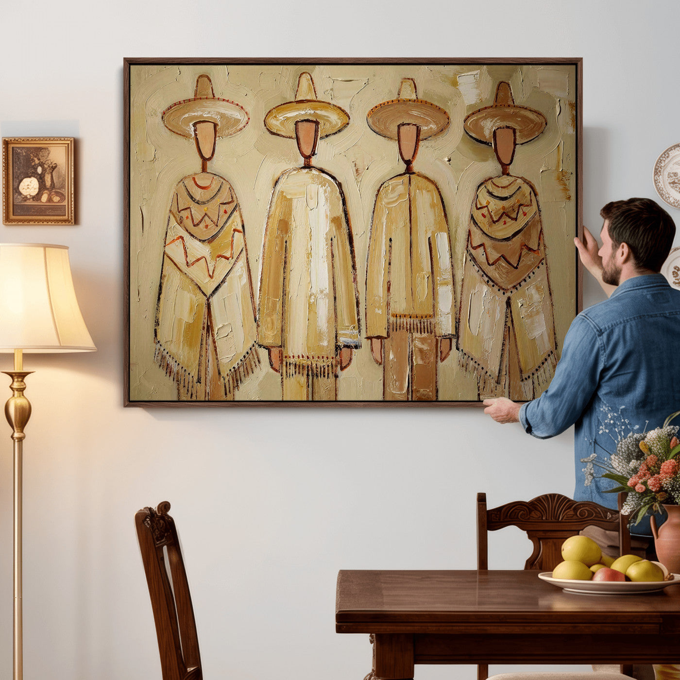 46071653-MGV-CV-36X24 - Mexican Folk Art Canvas Wall Art, Charro Poncho Sombrero Painting Print, Neutral Beige Boho Decor, Southwestern Impasto Style, Living Room Art