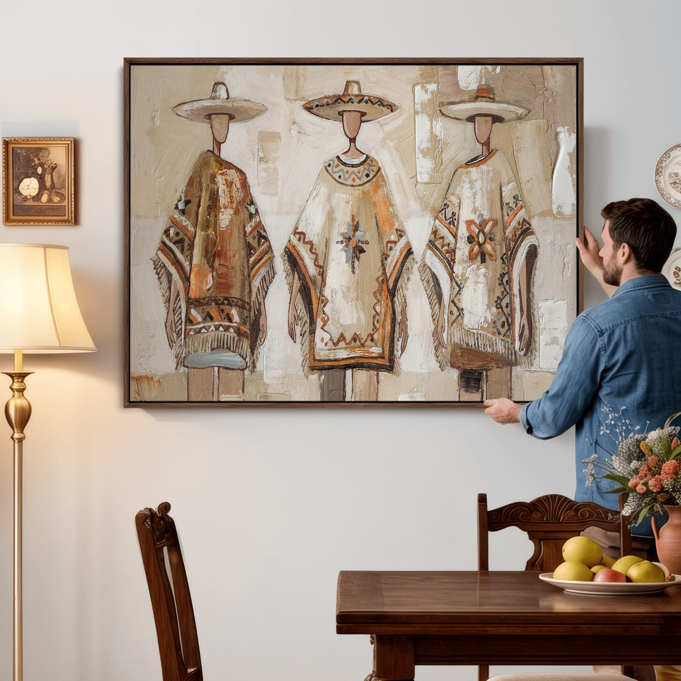 85373290-MGV-CV-36X24 - Mexican Folk Art Canvas Wall Art, Charro Poncho Sombrero Painting Print, Neutral Beige Boho Decor, Southwestern Impasto Style, Living Room Art