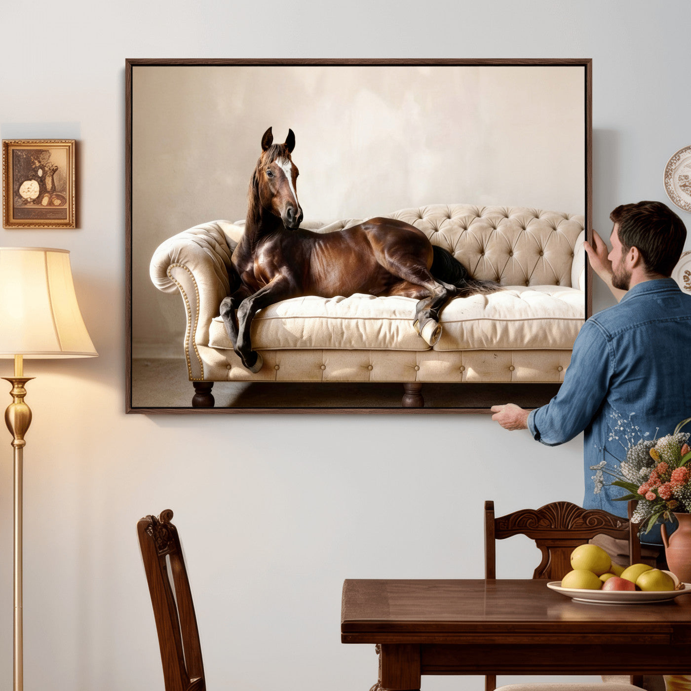 17716841-MGV-CV-36X24 - Funny Horse on Sofa Canvas Wall Art, Quirky Horse Lounging Photo Print, Whimsical Animal Decor, Living Room Conversation Art, Horse Lover Gift