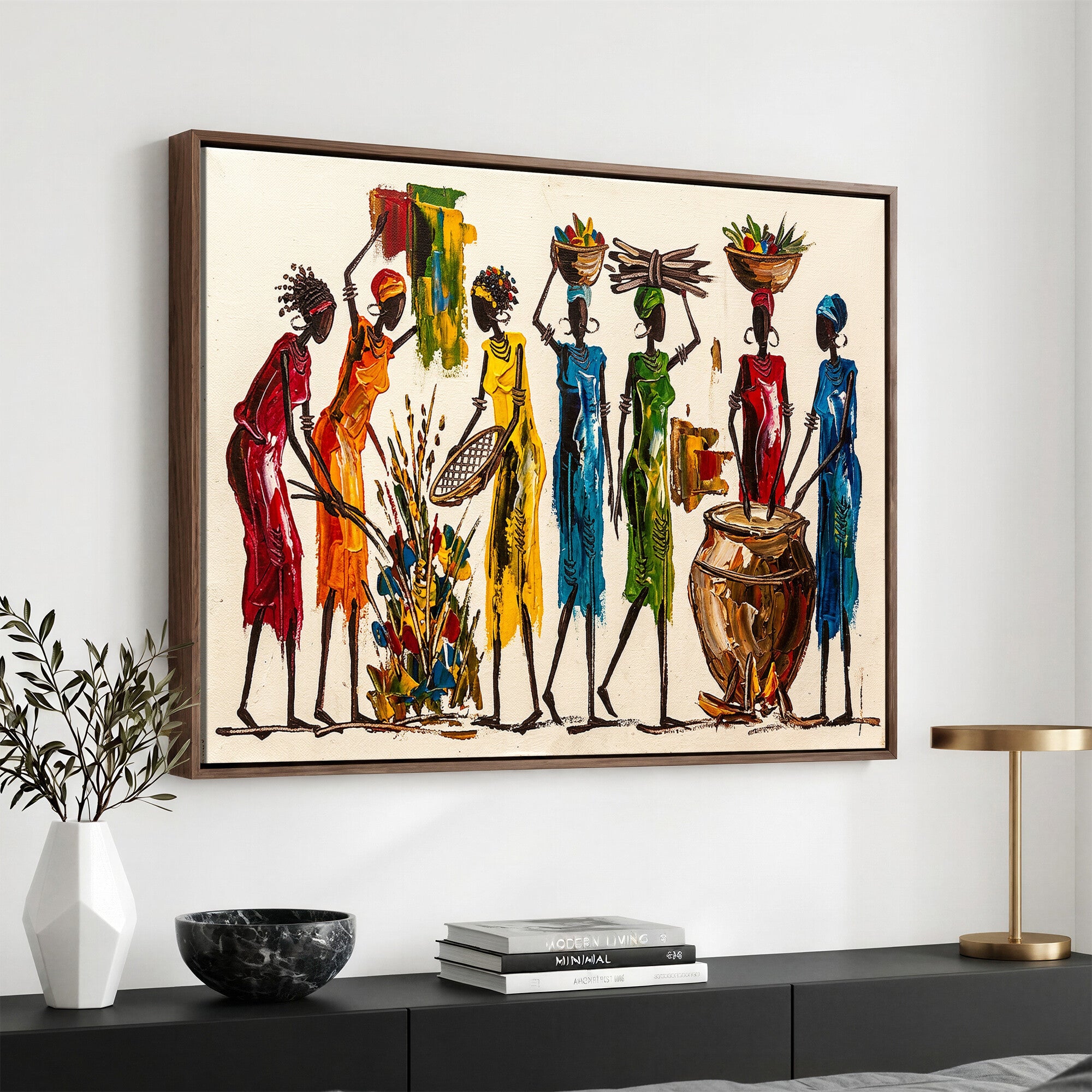 83463154-MGV-CV-36X24 - African Folk Art Canvas Wall Art, Colorful African Women Village Painting Print, Tribal Ethnic Home Decor, Vibrant African Art, Living Room
