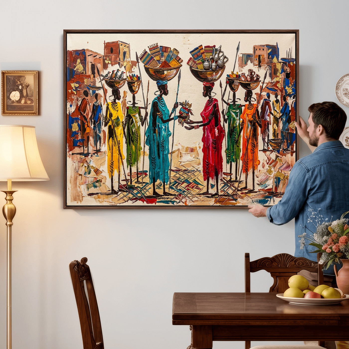 54818657-MGV-CV-36X24 - African Folk Art Canvas Wall Art, Colorful African Women Village Painting Print, Tribal Ethnic Home Decor, Vibrant African Art, Living Room