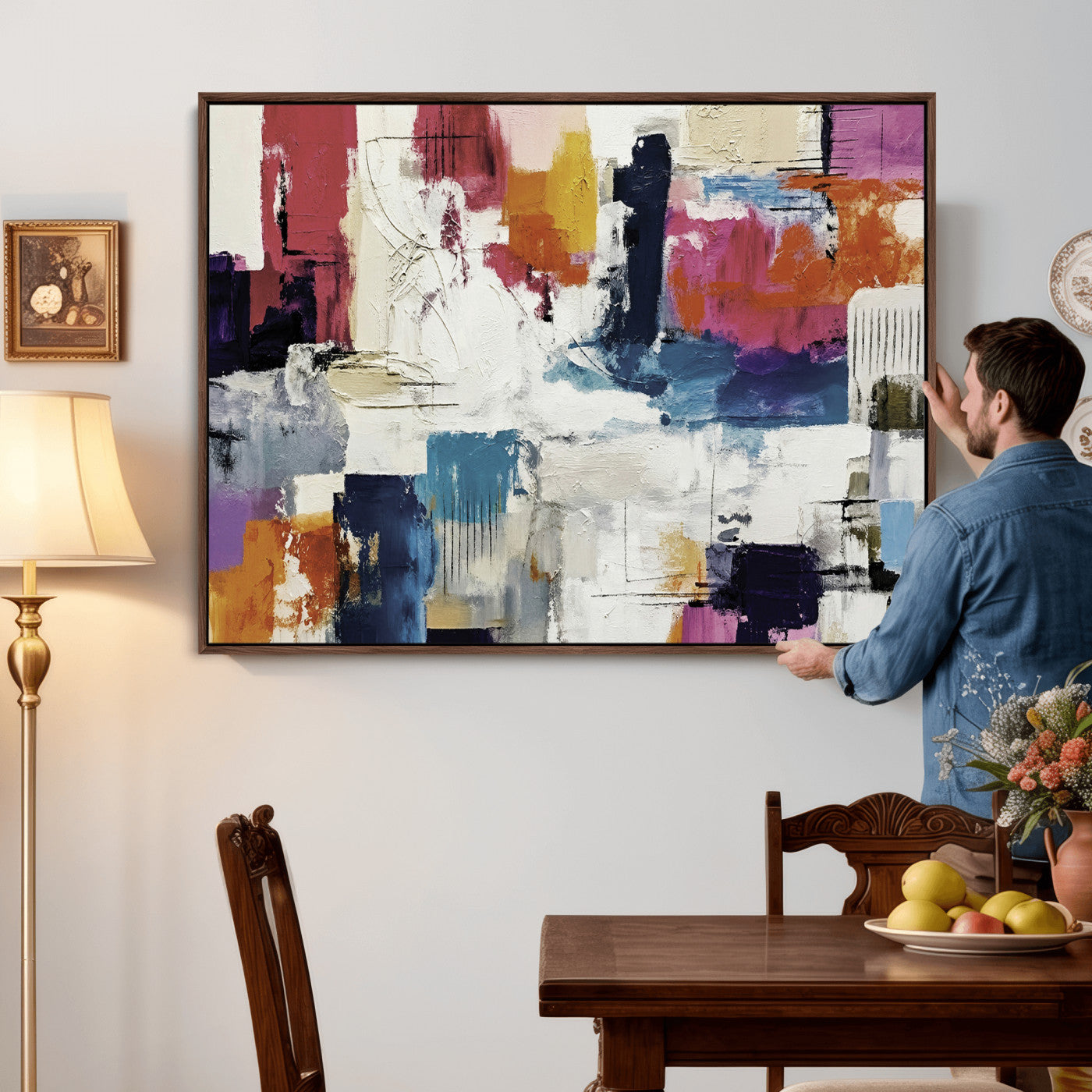 57864023-MGV-CV-36X24 - Blue Teal Abstract Canvas Wall Art, Modern Textured Painting Print, Navy Orange White Contemporary Art, Neutral Living Room Decor, Office Art