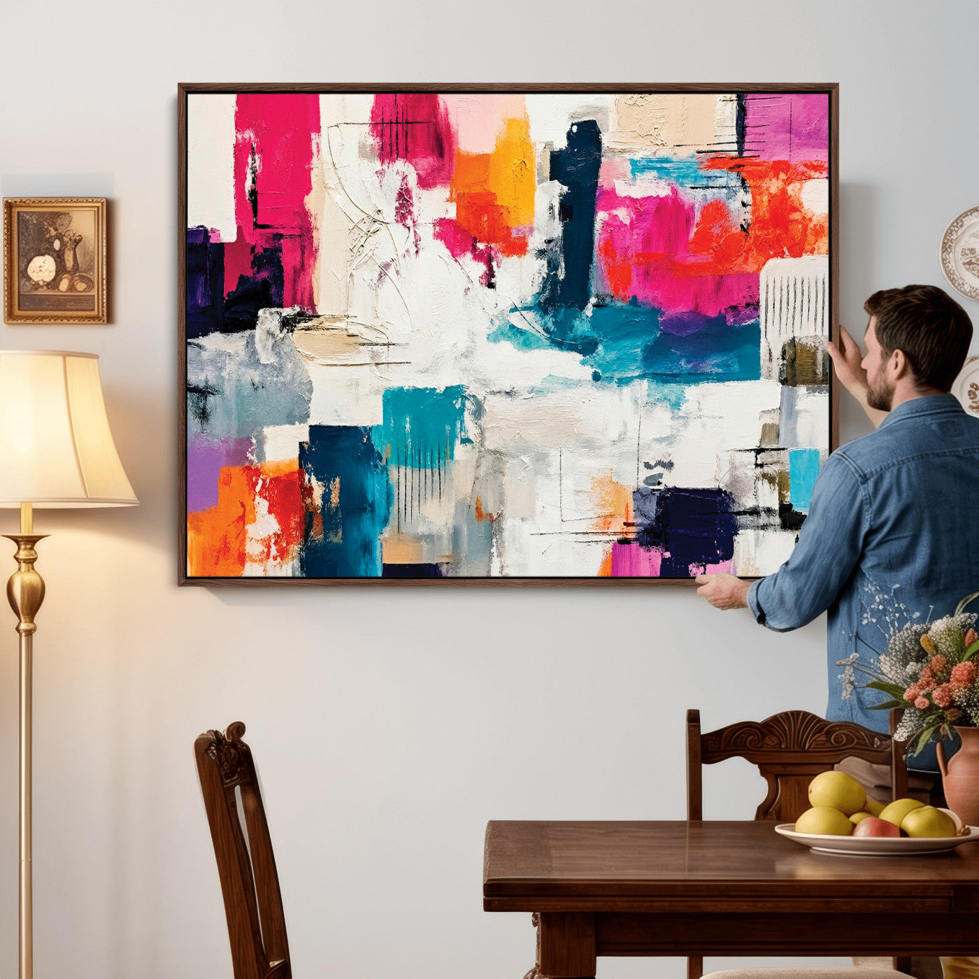 57864023-MGV-CV-36X24 - Blue Teal Abstract Canvas Wall Art | Modern Textured Painting Print, Navy Orange White Contemporary Art, Neutral Living Room Decor, Office Art