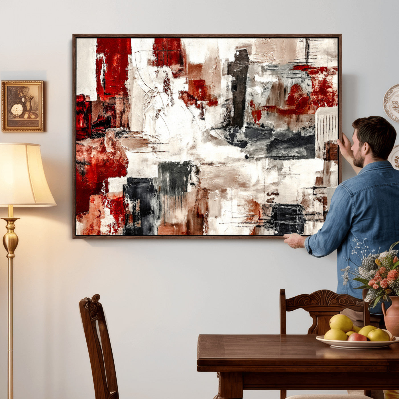 53022468-MGV-CV-36X24 - Blue Teal Abstract Canvas Wall Art, Modern Textured Painting Print, Navy Orange White Contemporary Art, Neutral Living Room Decor, Office Art