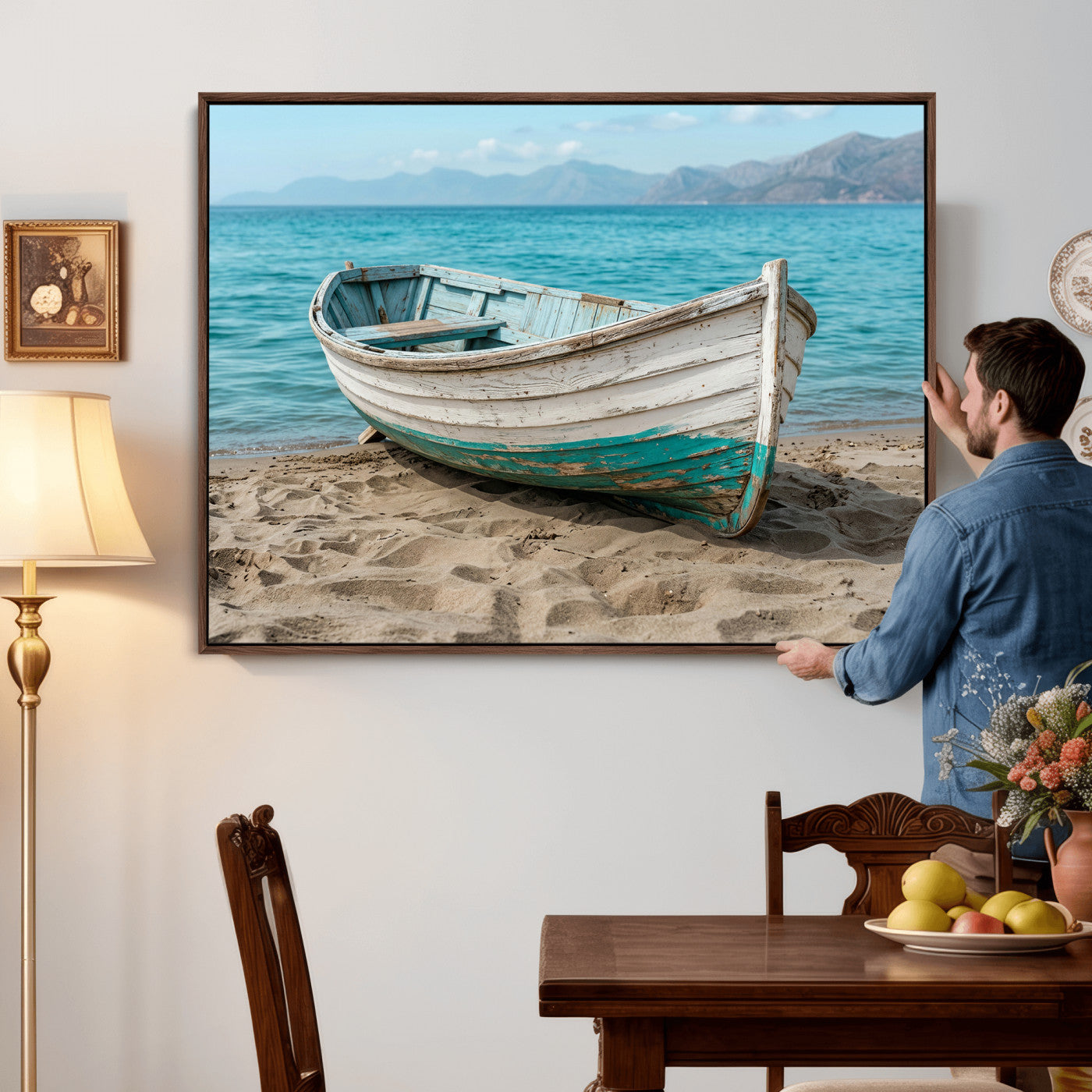 49963709-MGV-CV-36X24 - Coastal Boat Canvas Wall Art Print, Beach Boat Painting, Nautical Ocean Decor, Seascape Wall Art, Ready to Hang
