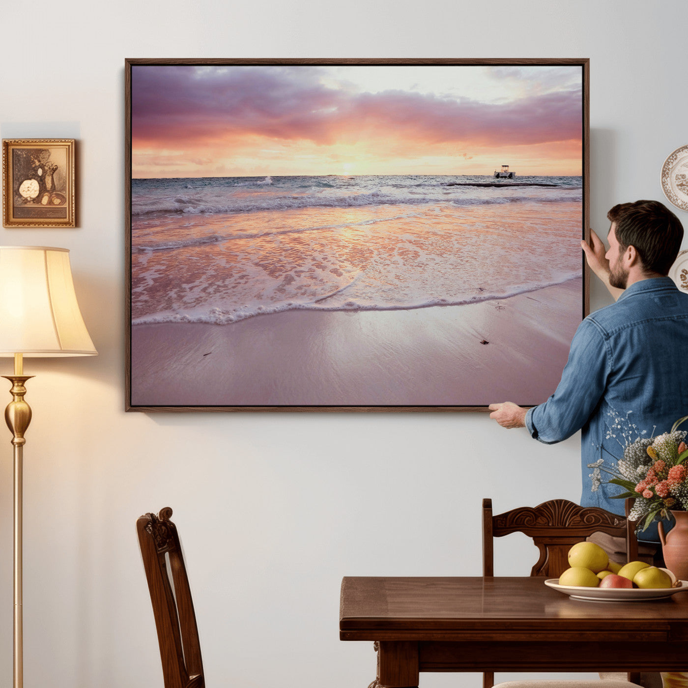 44765395-MGV-CV-36X24 - Beach Sunset Canvas Wall Art Print, Ocean Waves Landscape, Coastal Photography, Seascape Wall Decor, Ready to Hang