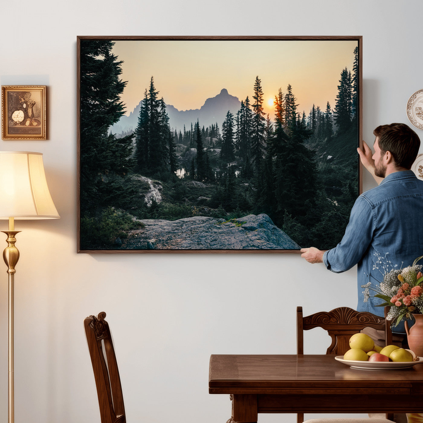 89996020-MGV-CV-36X24 - Mountain Forest Canvas Wall Art Print, Pine Tree Landscape, Sunset Nature Photography, Wilderness Wall Decor, Ready to Hang