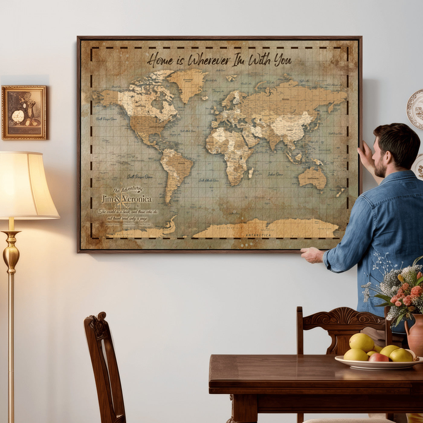 97123877-MGV-CV-36X24 - Vintage Custom Push Pin World Map, Vintage Travel Map Canvas, Personalized Names Anniversary Gift, Places Visited Pin Board, Couples Adventure Art