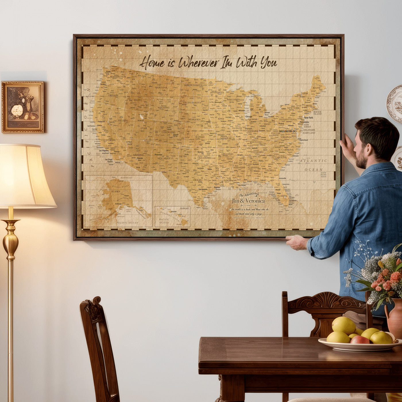 62164711-MGV-CV-36X24 - Personalized USA Push Pin Travel Map, Custom United States Map, Push Pin Map, USA Bucket List Map, Anniversary Gift - Couple Travel Map Wall Art