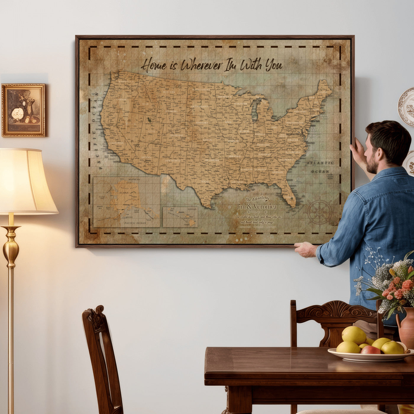 87620242-MGV-CV-36X24 - Personalized USA Push Pin Travel Map, Custom United States Map, Push Pin Map, USA Bucket List Map, Anniversary Gift, Couple Travel Map Wall Art