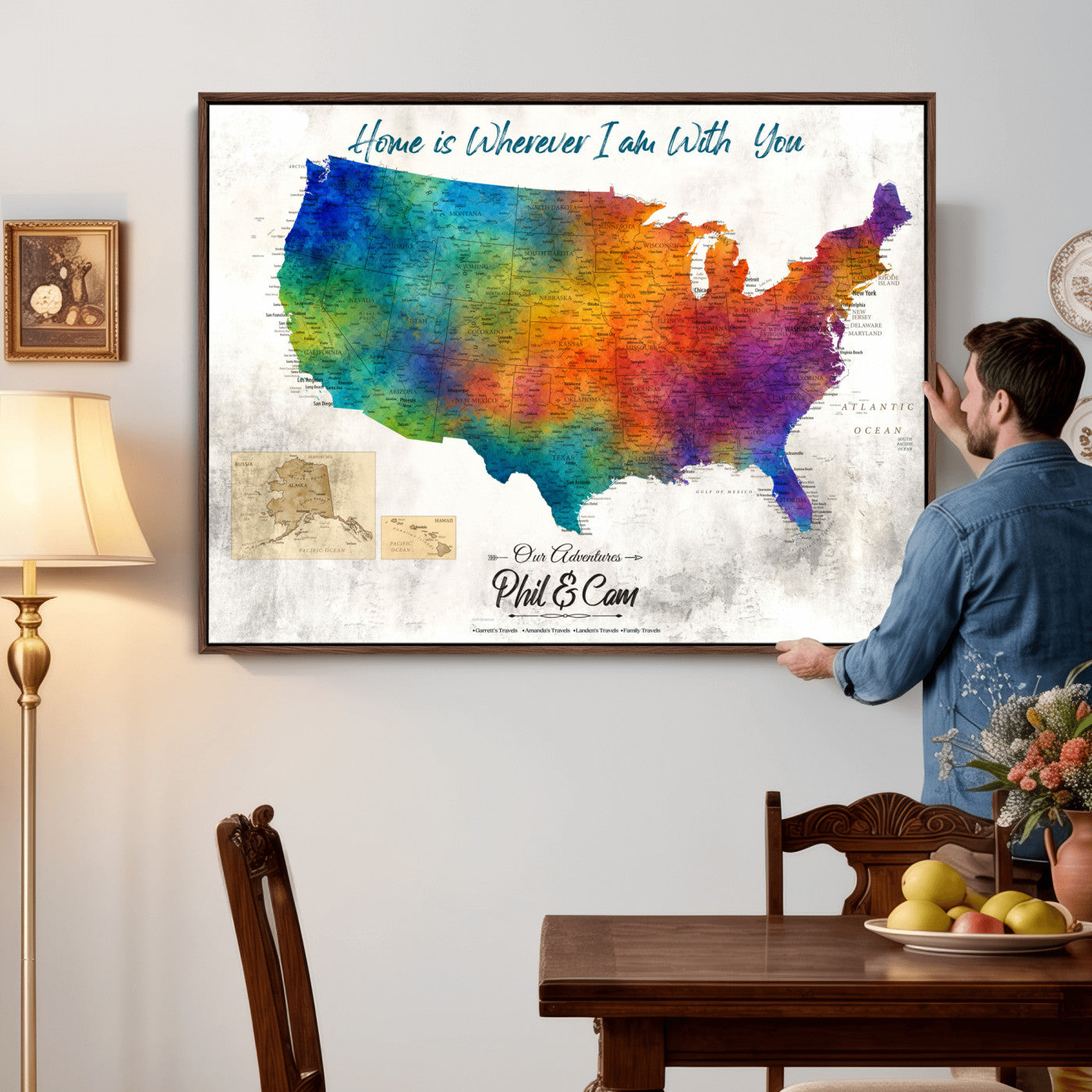 17251793-MGV-CV-36X24 - Watercolor USA Travel Map with Pins Colorful Modern Canvas Wall Art