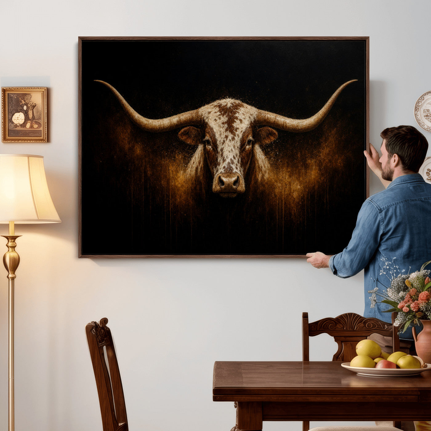 12628958-MGV-CV-36X24 - Texas Longhorn Canvas Wall Art Moody Western Bull Oil Painting Print
