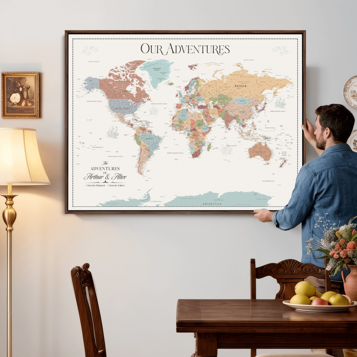 NEWMAP-4-MGV-CV-36X24 - Push Pin Customize World Map with Pins Board Wall Art Canvas Print