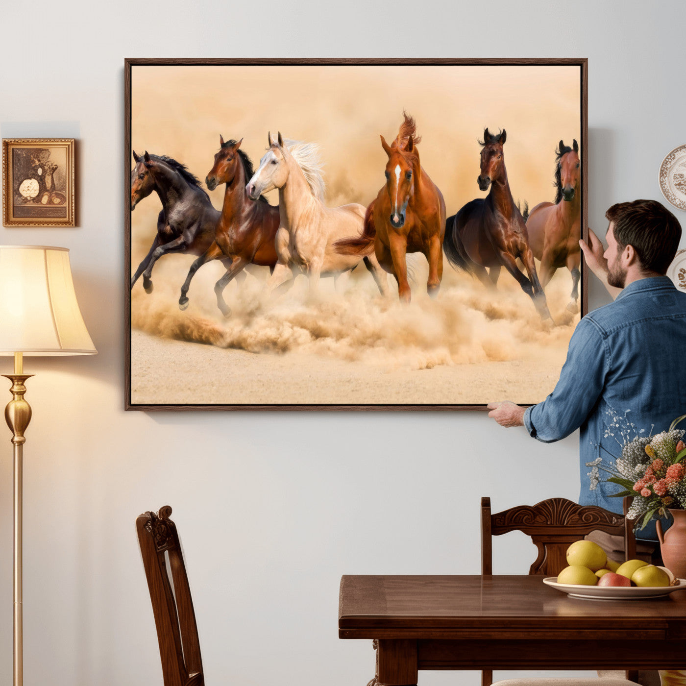 90610949-MGV-CV-36X24 - Herd of Six Wild Horses Galloping in Dust Storm Wall Art Canvas Print - Majestic Wildlife Decor