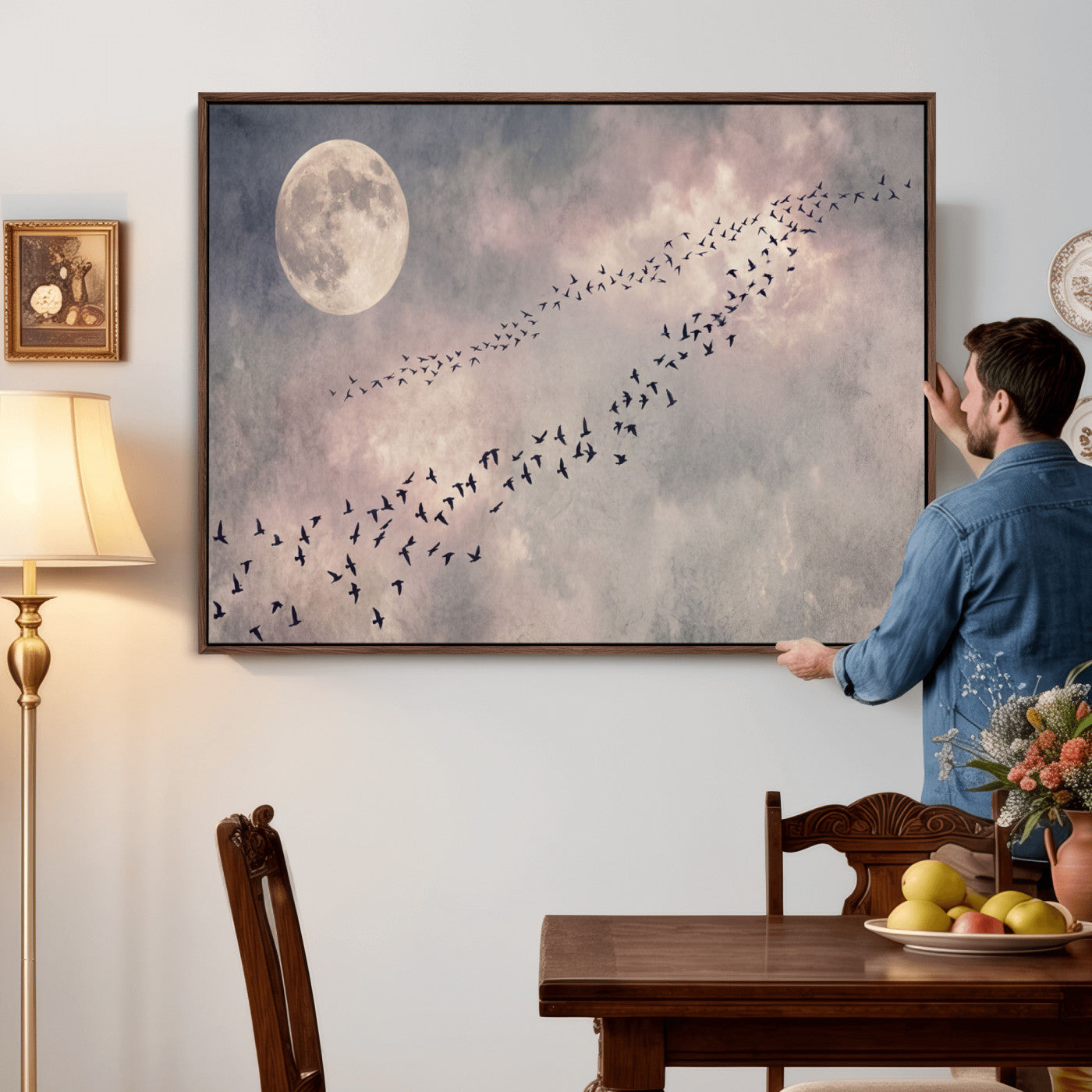 52339590-MGV-CV-36X24 - Birds Flying to Moon Wall Art Canvas Print - Vintage Surreal Night Sky Sky Print