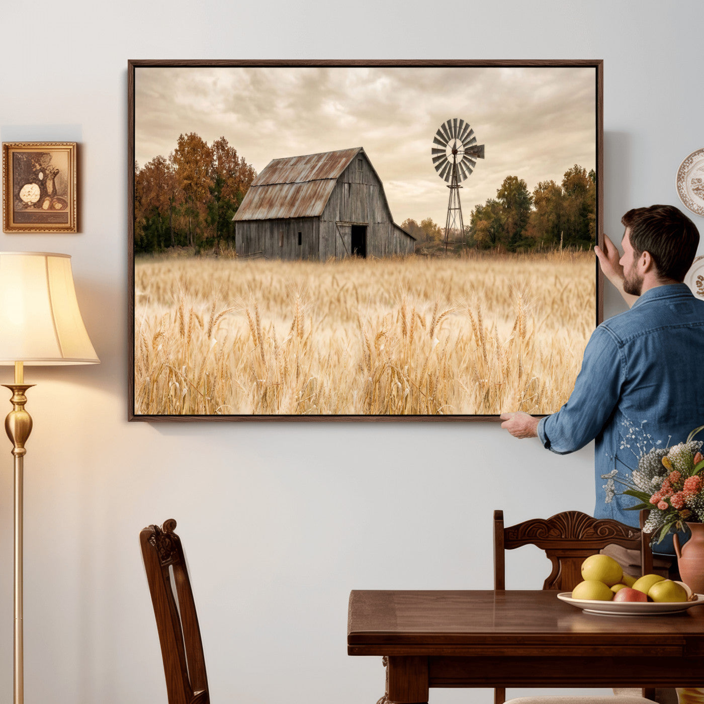 99640659-MGV-CV-36X24 - Rustic Farmhouse Barn and Windmill Wall Art Canvas Print, Country Landscape Photography Print