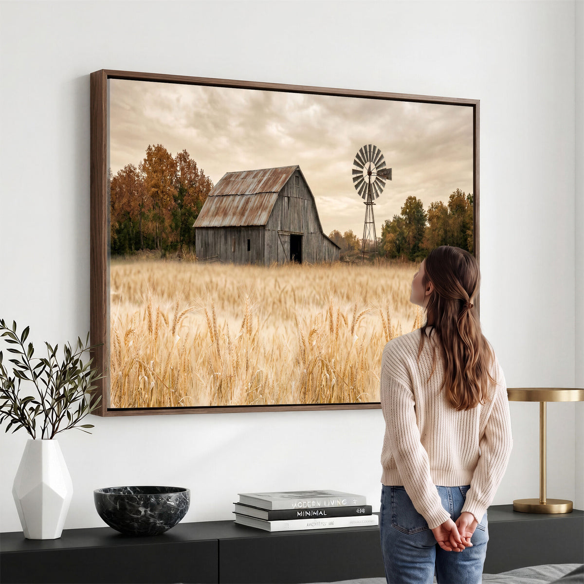 99640659-MGV-CV-36X24 - Rustic Farmhouse Barn and Windmill Wall Art Canvas Print, Country Landscape Photography Print
