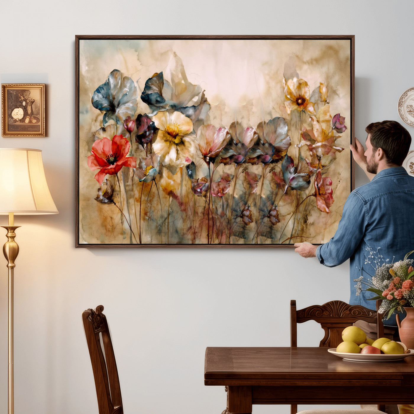 11407233-MGV-CV-36X24 - Vintage Dried Floral Meadow Wall Art Canvas Print, Translucent Watercolor Flowers Painting Print