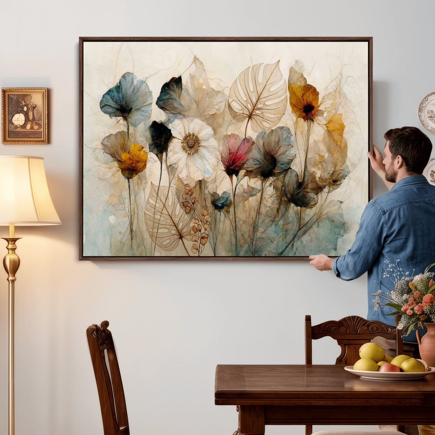 93171612-MGV-CV-36X24 - Vintage Dried Floral Meadow Wall Art Canvas Print, Translucent Watercolor Flowers Painting Print