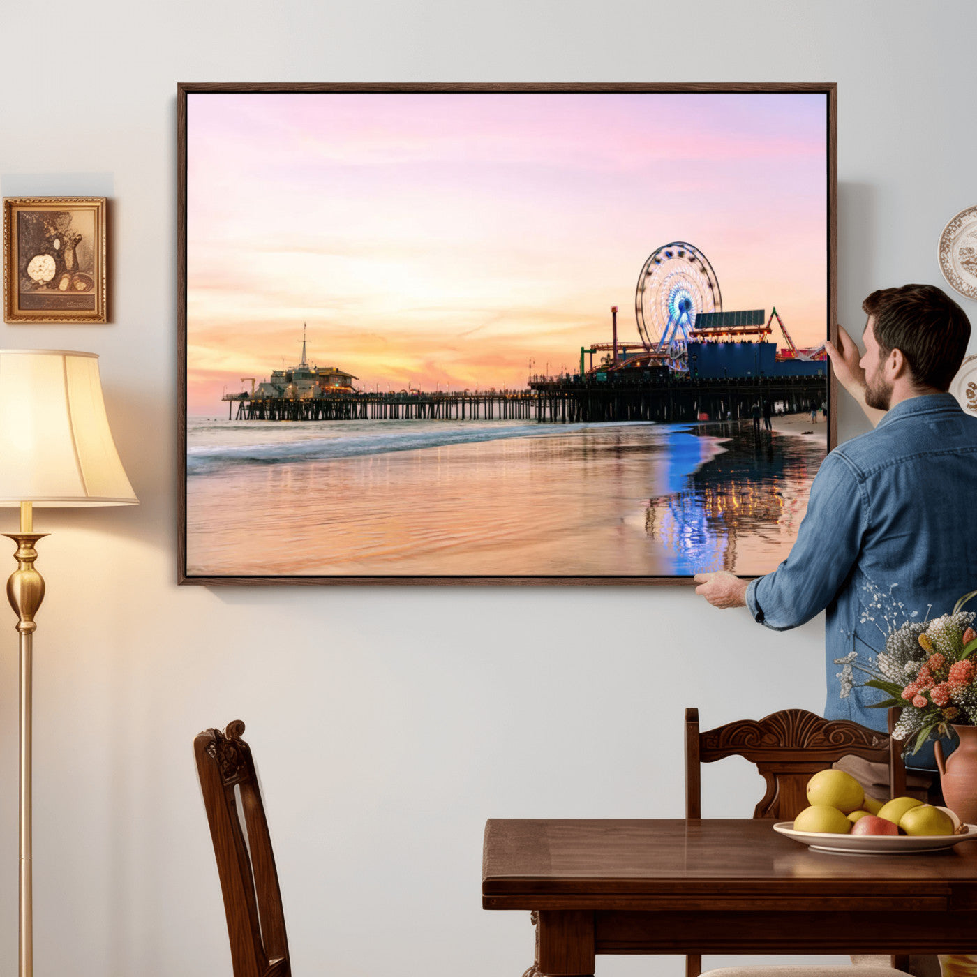 27381272-MGV-CV-36X24 - Santa Monica Pier Sunset Beach Wall Art Canvas Print, California Ferris Wheel Photo Print