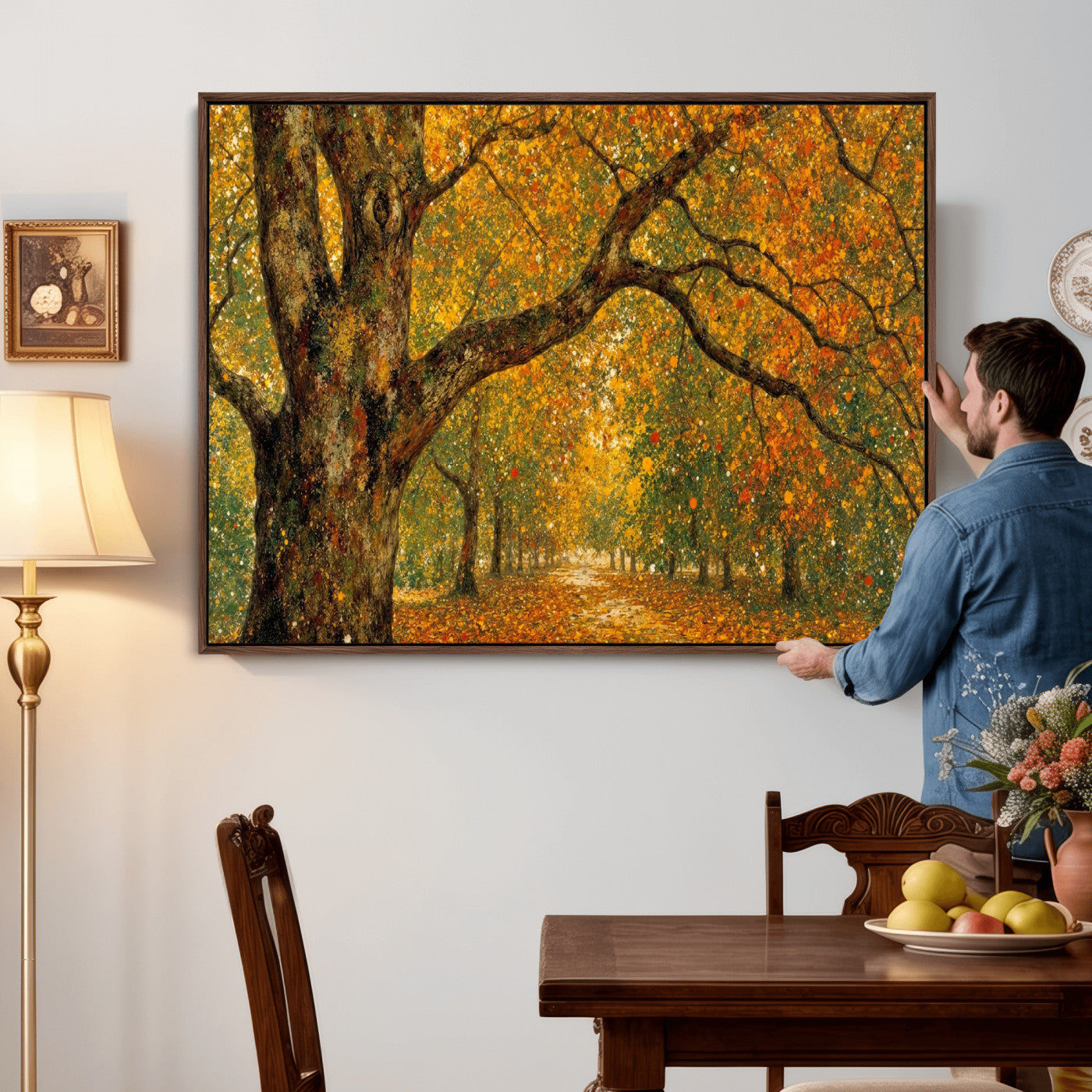 11536138-MGV-CV-36X24 - Vintage Autumn Forest Path Wall Art Canvas Print, Golden Leaves Impressionist Painting Print