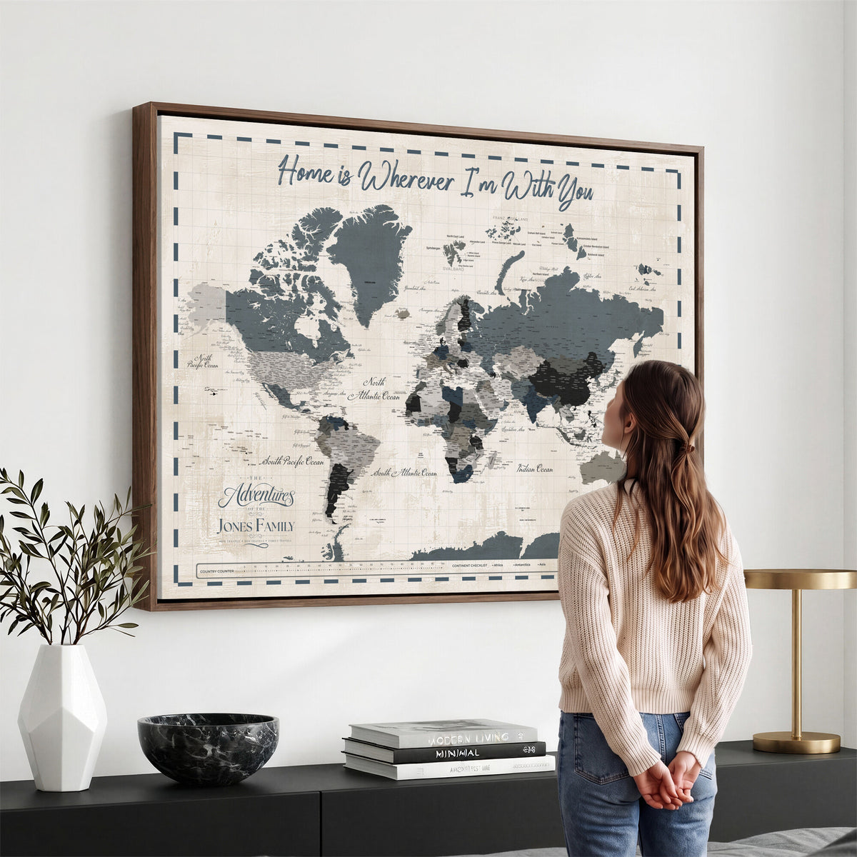 400867164-MGV-CV-36X24 - Framed Blue Custom Push Pin World Map Canvas Print – Personalized Travel Map Wall Art