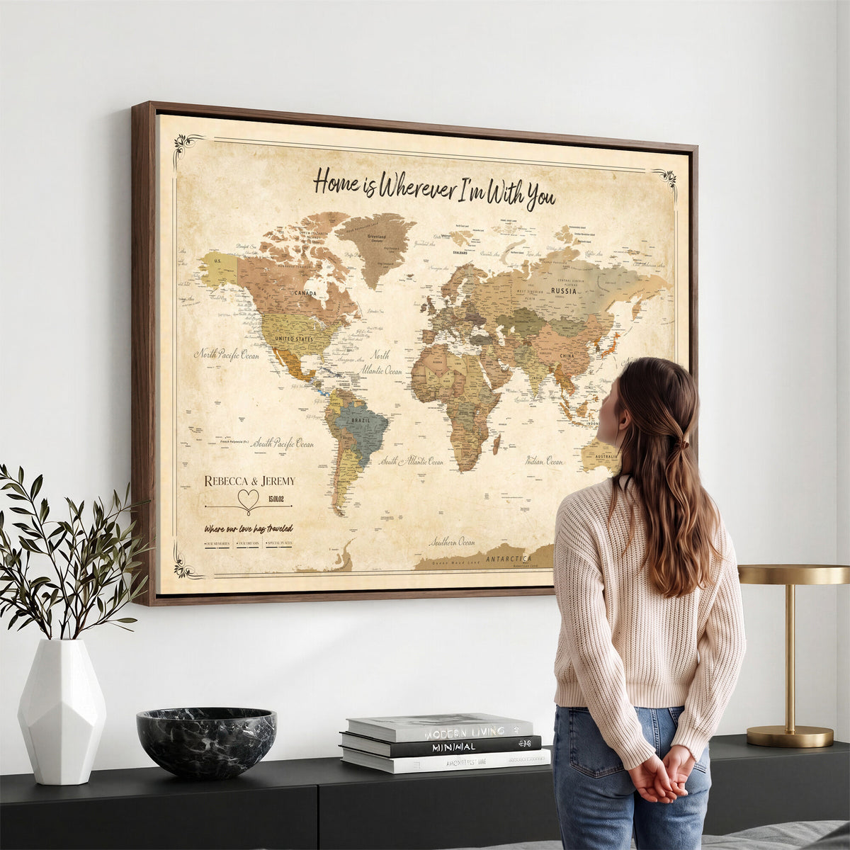 40086165SP-MGV-CV-36X24 - Custom Push Pin Travel Map Canvas Print, Cream Personalized Travel Tracker Map, Anniversary Gift, Vintage World Map Wall Art
