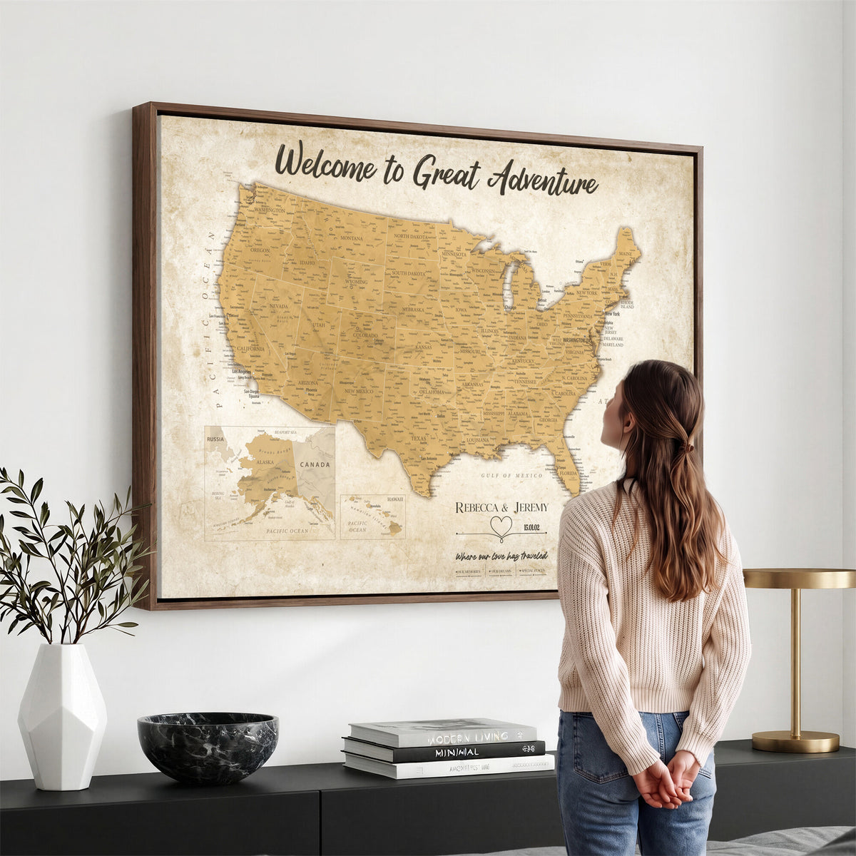 81437082-MGV-CV-36X24 - Custom Push Pin Travel USA Map Canvas Print, Cream Personalized Travel Tracker America Map, Anniversary Traveler Gift