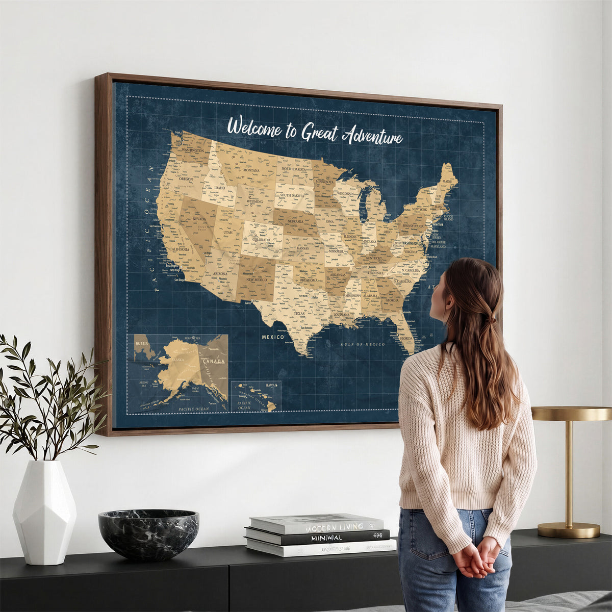 58851035-MGV-CV-36X24 - Custom Push Pin Travel USA Map Canvas Print, Cream Personalized Travel Tracker America Map, Anniversary Traveler Gift