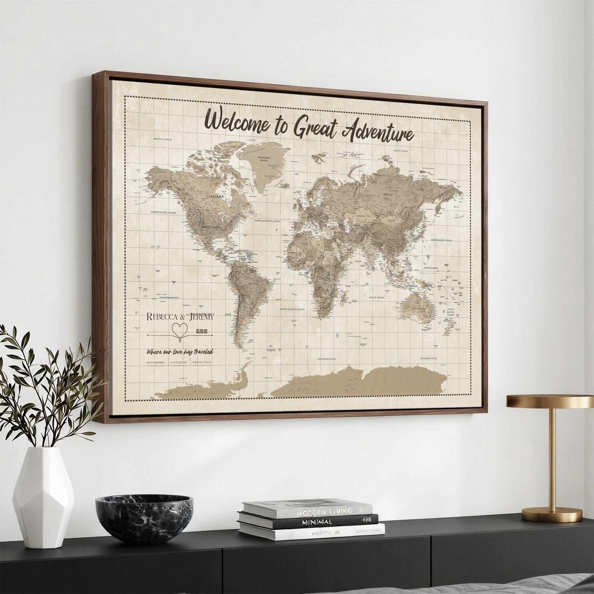 51180020-MGV-CV-36X24 - Custom Push Pin Travel Map Canvas Print, Cream Personalized Travel Tracker Map, Anniversary Gift, Vintage World Map Wall Art