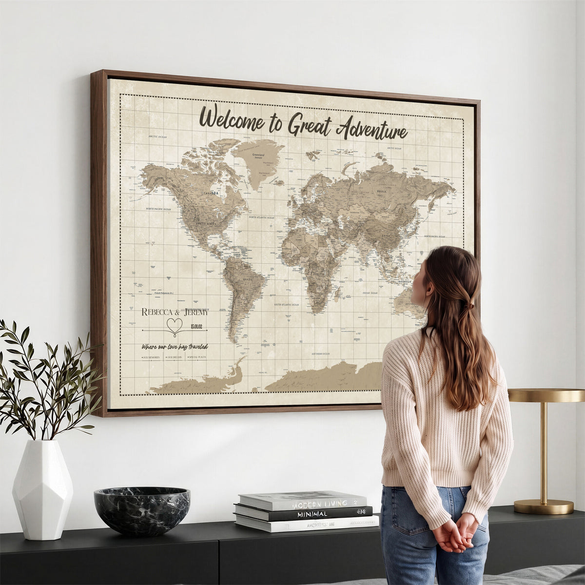 51180020-MGV-CV-36X24 - Custom Push Pin Travel Map Canvas Print, Cream Personalized Travel Tracker Map, Anniversary Gift, Vintage World Map Wall Art