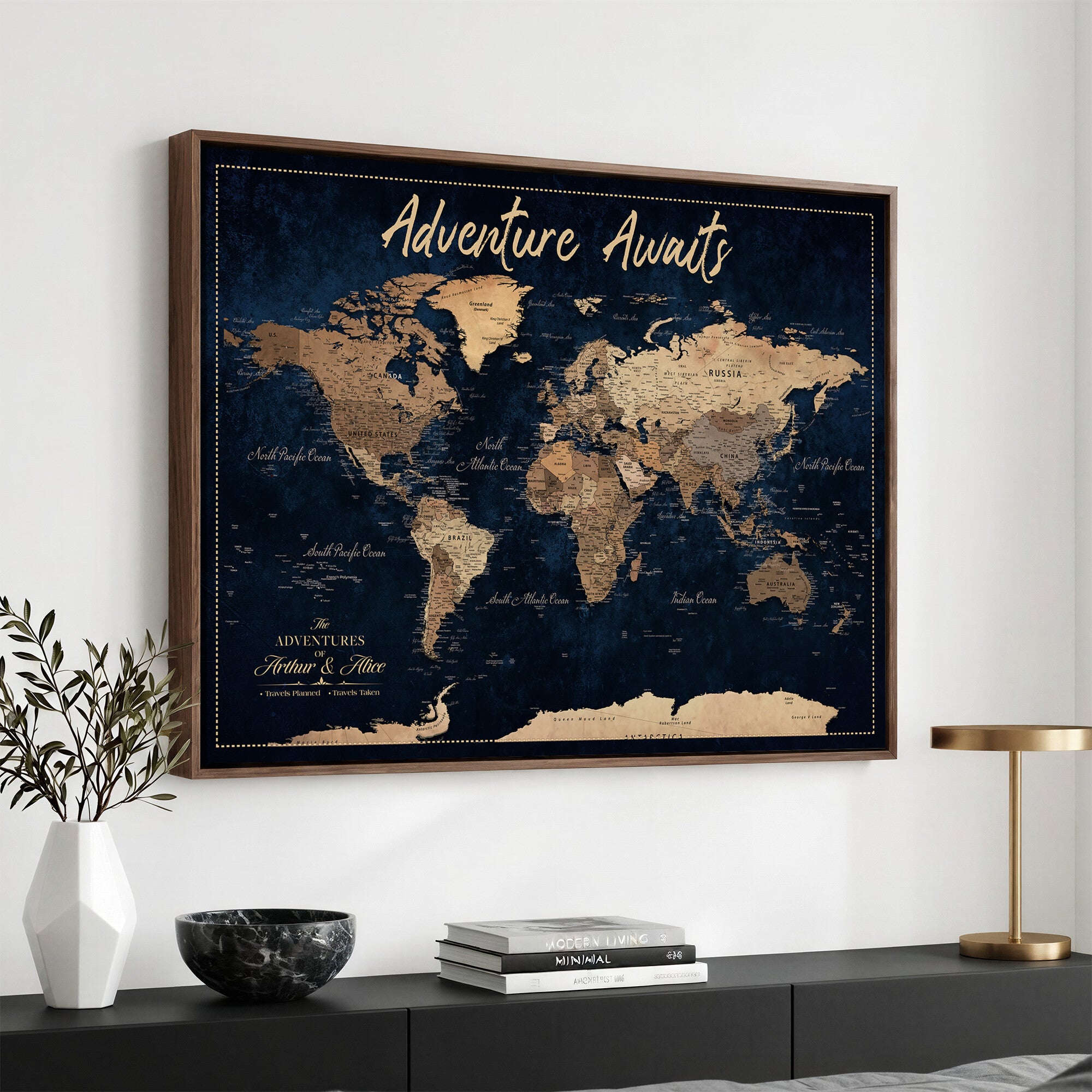 57167164-MGV-CV-36X24 - Custom Push Pin Travel Map Canvas Print, Navy Blue Personalized Travel Tracker Map, Anniversary Gift, Vintage World Map Wall Art