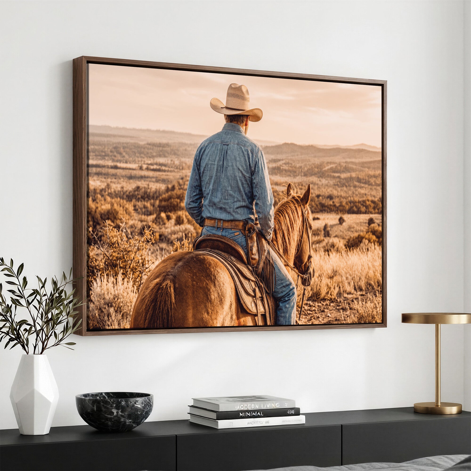 62076449-MGV-CV-36X24 - Texas Cowboy and Horse Print for Western Wall Art Decor for Farmhouse