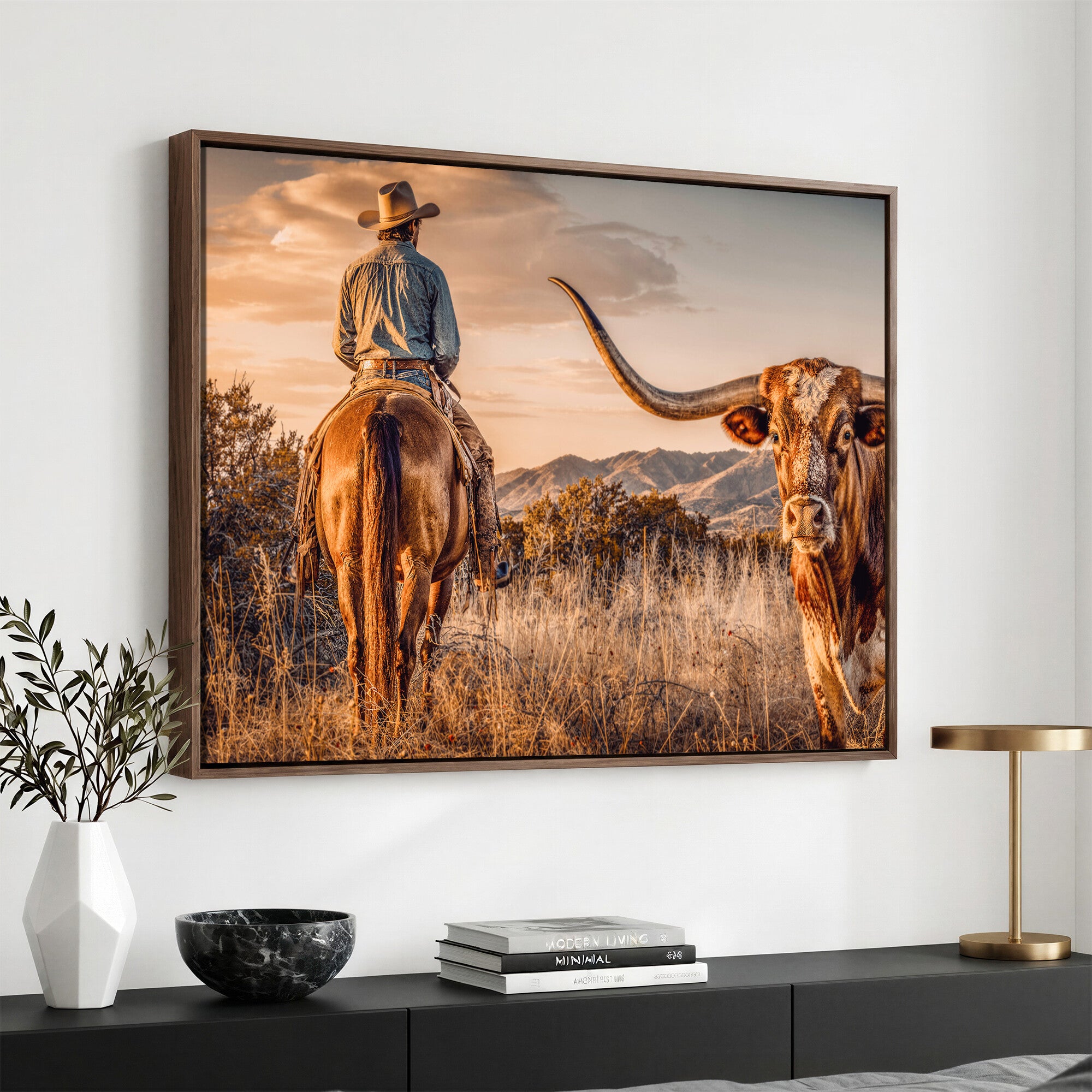 62076449C-MGV-CV-36X24 - Texas Cowboy and Longhorn Bull Print for Western Wall Art Decor for Farmhouse