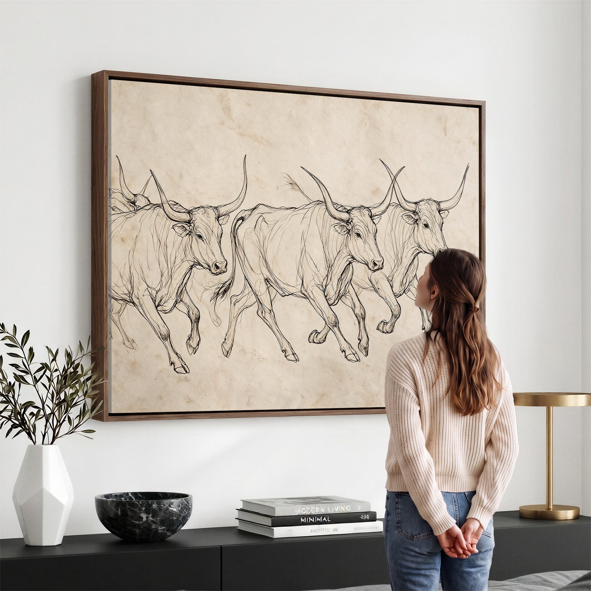 87177621-MGV-CV-36X24 - Minimalist Longhorn Line Art, Modern Texas Bull Canvas Print, Abstract Western Wall Decor, Continuous Line Artwork, Black White Ranch Gift