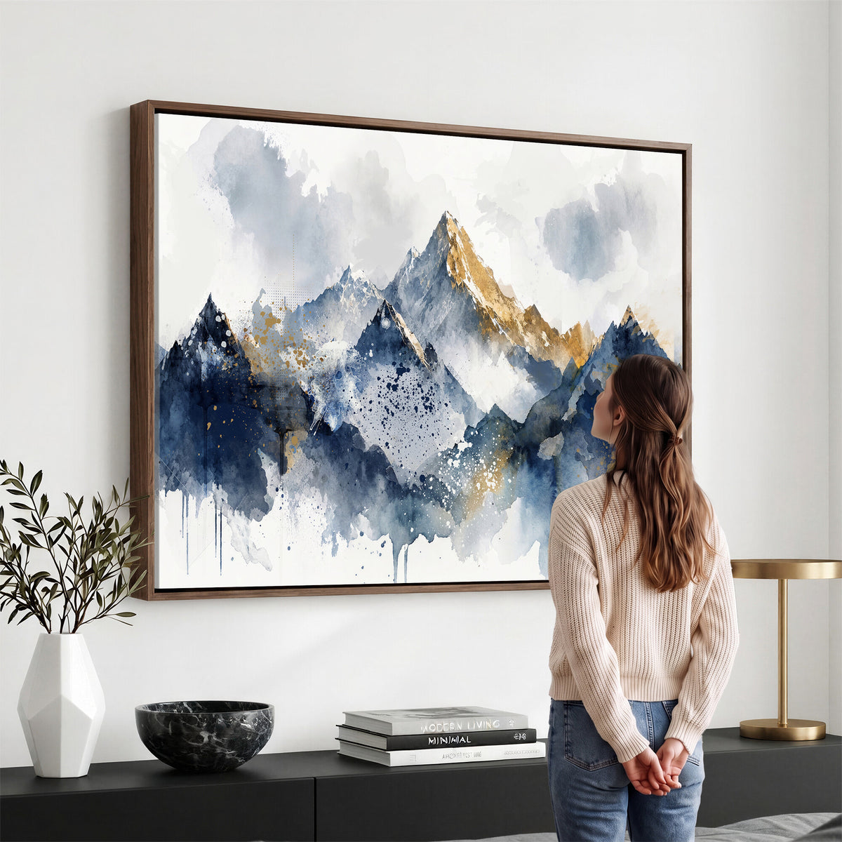87460616-MGV-CV-36X24 - Abstract Mountain Canvas Wall Art, Blue Gold Foil Landscape Print, Modern Indigo Watercolor Poster, Large Abstract Nature, Luxury Office Gift