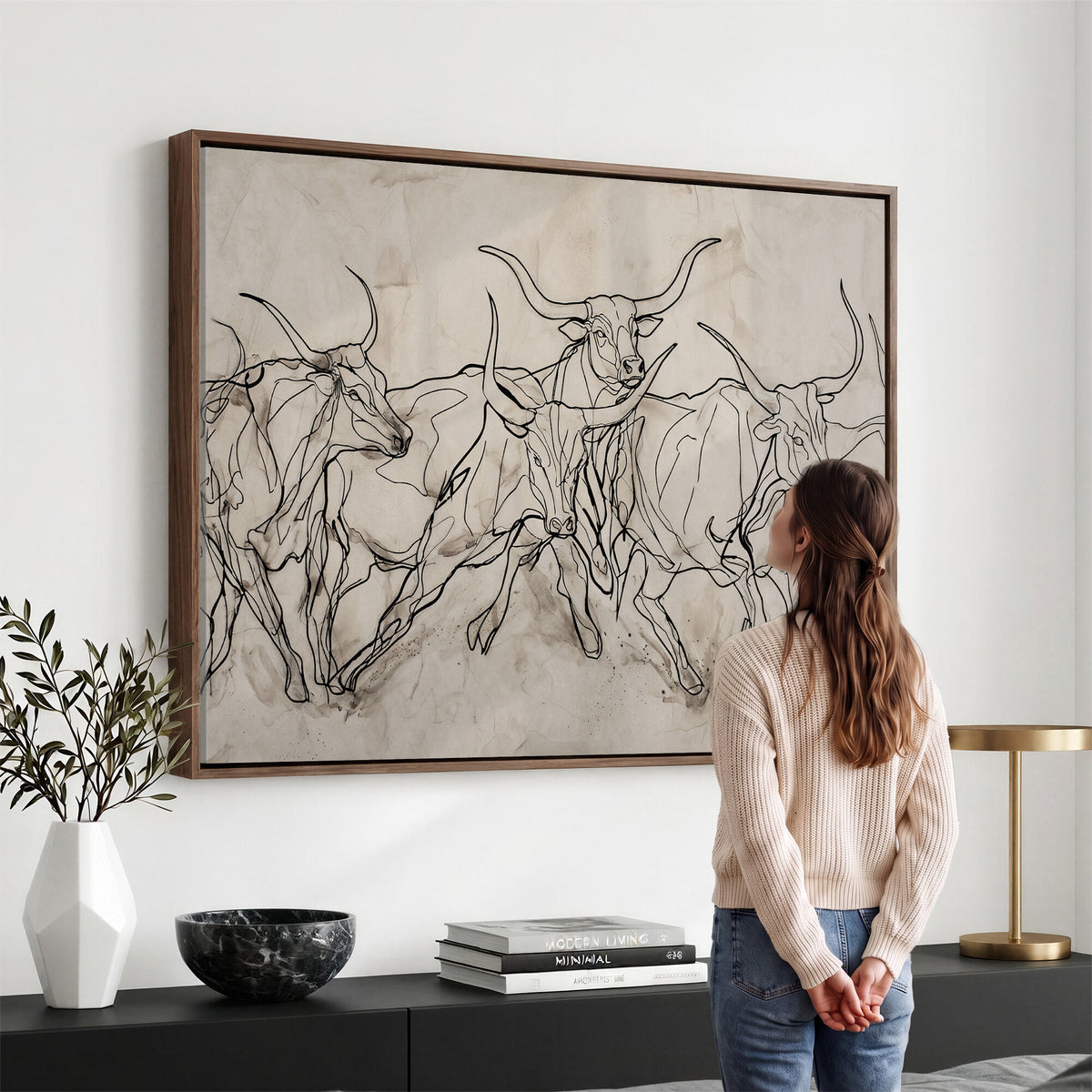 16671245-MGV-CV-36X24 - Minimalist Longhorn Line Art, Modern Texas Bull Canvas Print, Abstract Western Wall Decor, Continuous Line Artwork, Black White Ranch Gift