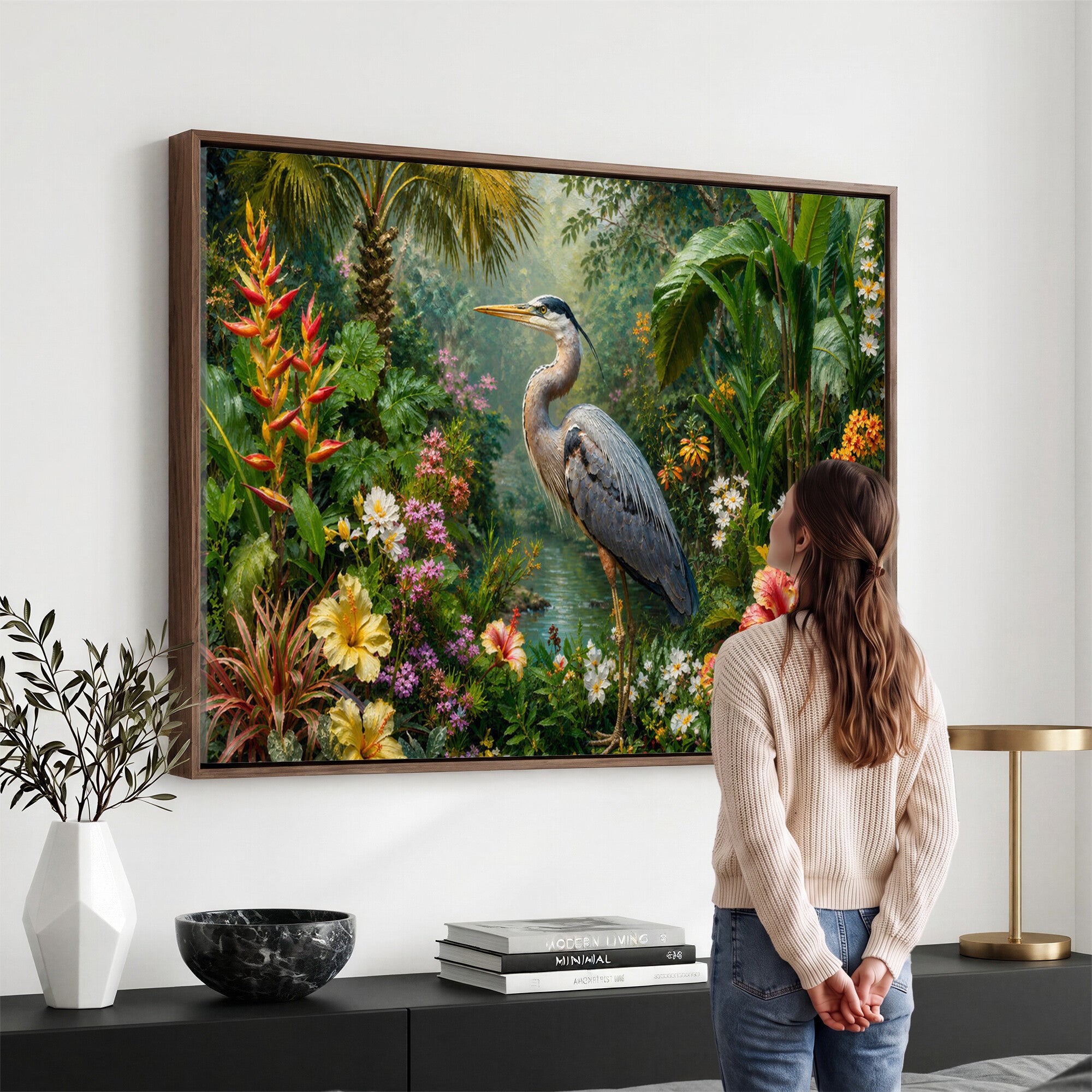 81059387-MGV-CV-36X24 - Great Blue Heron Tropical Jungle Wall Art Canvas Print, Exotic Botanical Garden Painting Print