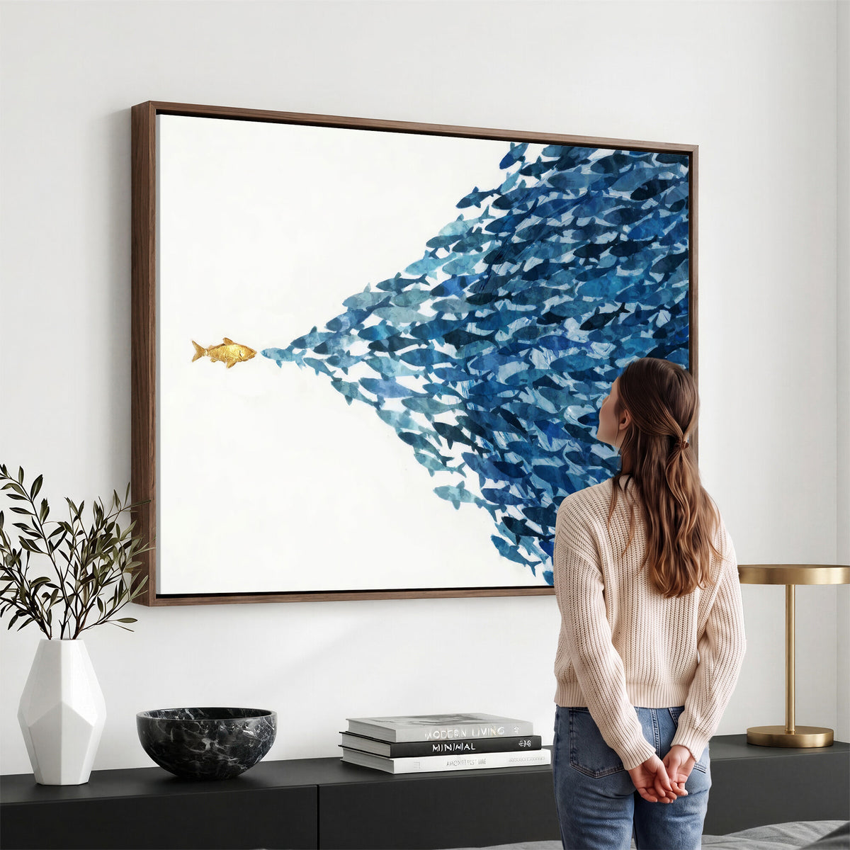 79089639-MGV-CV-36X24 - Abstract Blue Fish School Canvas Wall Art, Gold Foil Accent Marine Print