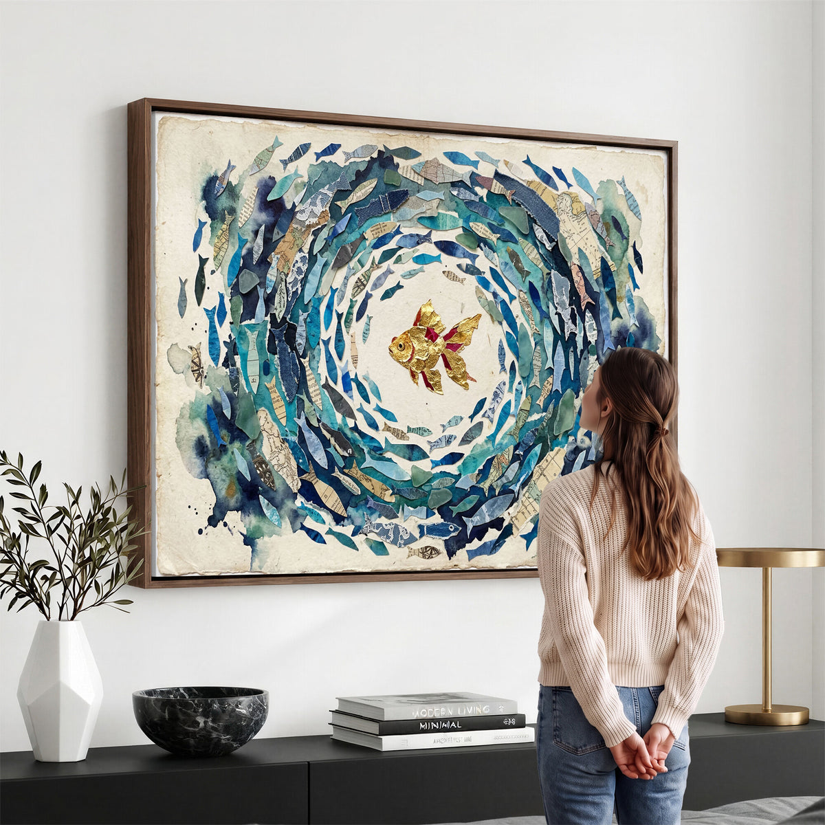 73165663-MGV-CV-36X24 - Mixed Media Blue Fish Swirl Canvas Wall Art, Goldfish Collage Ocean Print