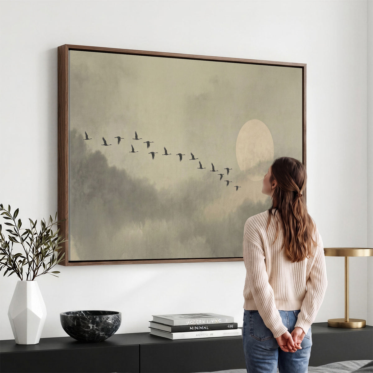 1209814B-MGV-CV-36X24 - Flying Cranes Canvas Wall Art, Misty Landscape with Moon, Sage Green Japandi Decor, Framed Print