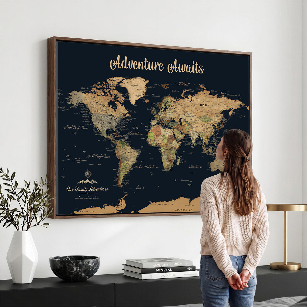 88994085-MGV-CV-36X24 - Our Family Adventures Push Pin World Map Wall Art Canvas Print - Family Travel Tracker Map with Pins