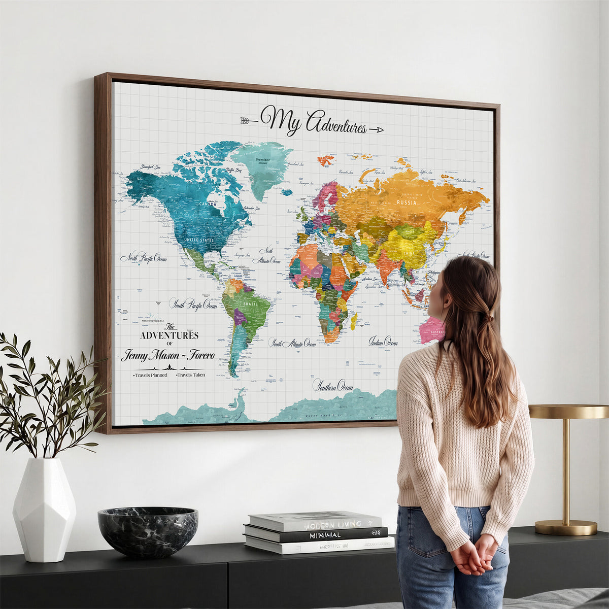 66743043-MGV-CV-36X24 - Extra Large Framed Personalize Push Pin World Map Wall Art Canvas Print for Travel Tracking