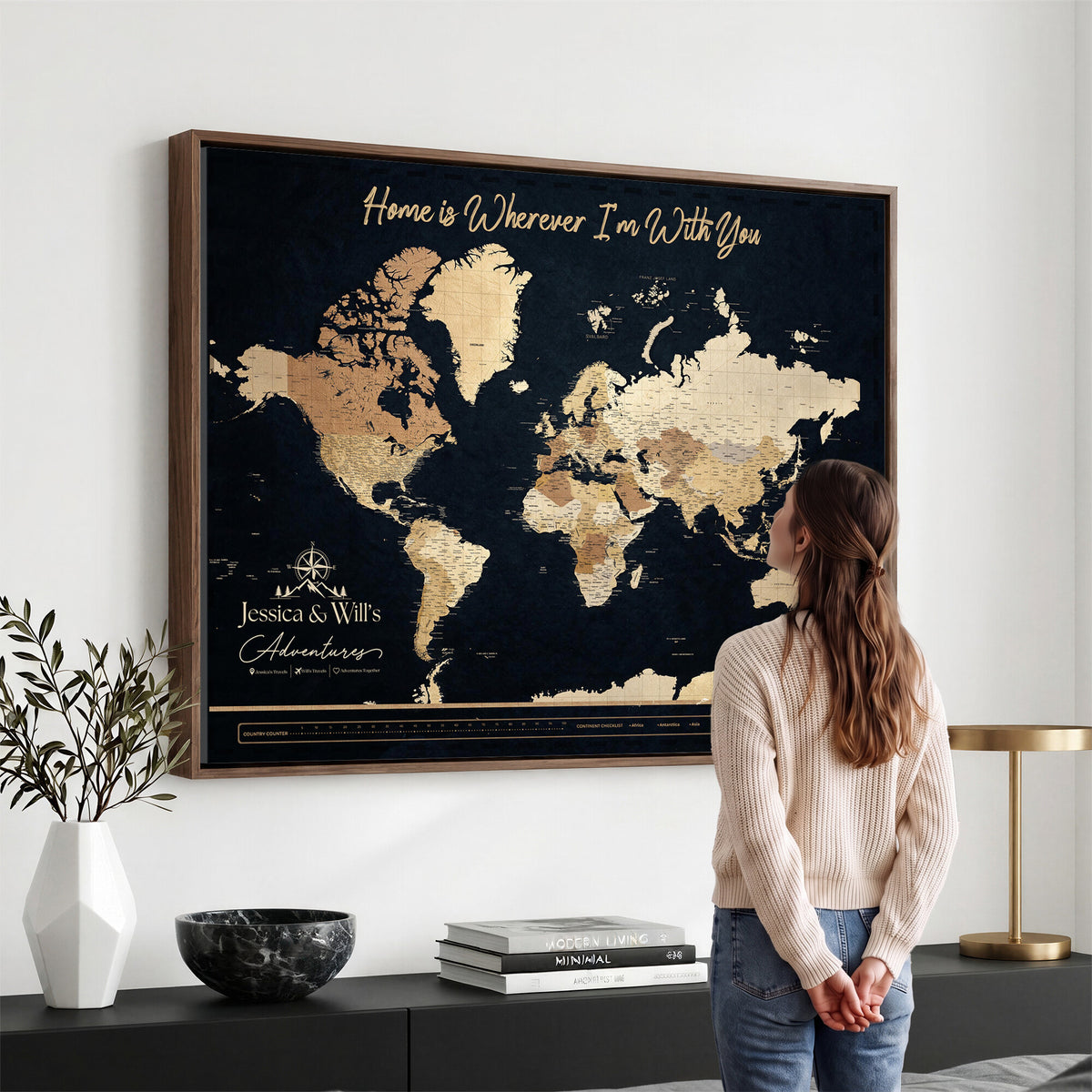 43430657-MGV-CV-36X24 - Extra Large Framed Personalize Push Pin World Map Wall Art Canvas Print for Travel Tracking